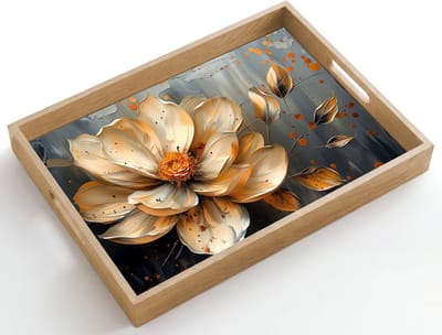 Dienblad hout 50x35 cm - Schootdienblad - Bloemen - Goud - Kunst - Zwart - Modern - Borrelplank rechthoek - Plateau dienbladen