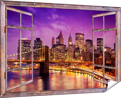 Gards Tuinposter Doorkijk Skyline New York van Centrum in het Paars - 180x120 cm - Tuindoek - Tuindecoratie - Wanddecoratie buiten - Tuinschilderij