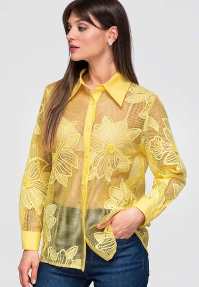 OMBRE Overhemd - Loose Fit - Katoen - Lange Mouw Geel S/M