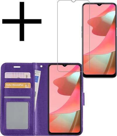 Hoesje - Met Screenprotector - Geschikt voor OPPO A16 - Luxe Pasjeshouder - Bookcase Portemonee - Flip Case - Kunstleer Book Case - Flipcase - Book Cover - Walletcase - Portemonneehoes - Paars