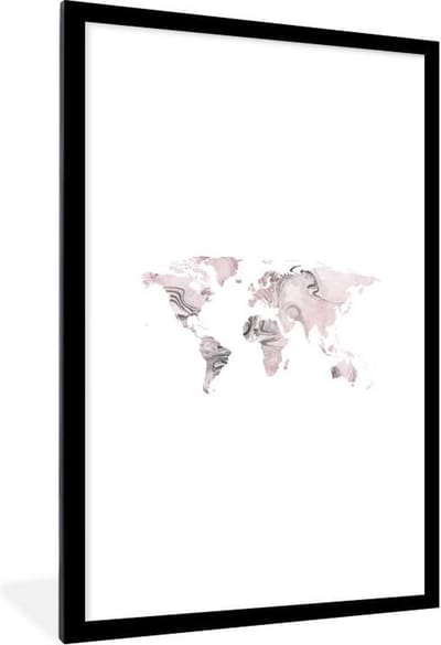 Poster in lijst - Fotolijst 60x90 cm - Posters - Wereldkaart - Roze - Grijs - Verf - Posterlijst zwart - Decoratie - Wanddecoratie woonkamer - Muurdecoratie slaapkamer