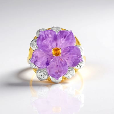 Cavill - Zilveren Ring - 925 Sterling Zilver met Palladium - 11,52 ct Fancy Amethist & 0,216 ct Citrien - Bloemvormig Elegant Design