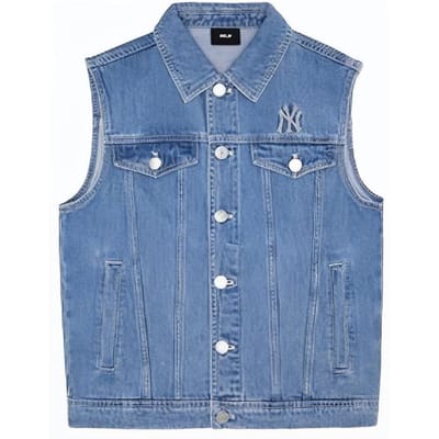 MLB New York Yankees SS24 Achterkant Groot Logo Enkele Rij Knoopjes Denim Vest Unisex Vest Lichtblauw 3AVTB0141-50BLL XL gray