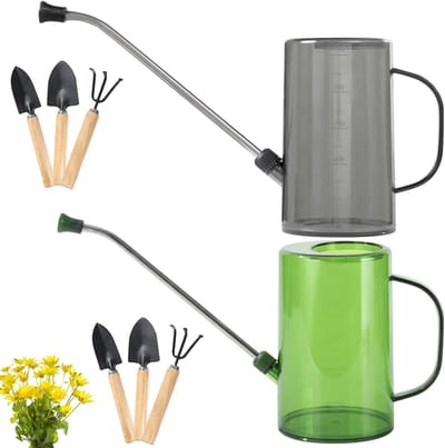 Gieter voor kamerplanten, 2 stuks, 1 liter gieter met schenktuit, kamerplanten, lange uitloop, gieter met comfortabele handgreep voor kamerplanten, balkonplanten, bloemengieter (grijs + groen)