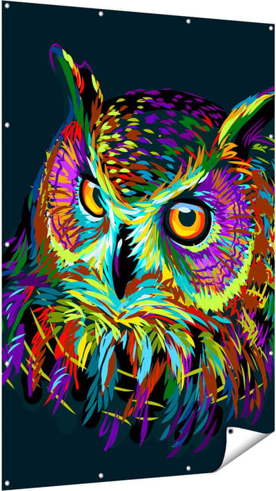 Gards Tuinposter Kleurrijke Uil - Abstract - 120x180 cm - Tuindoek - Tuindecoratie - Wanddecoratie buiten - Tuinschilderij