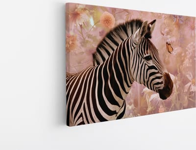Saammp Canvas Schilderij - Zebra tussen de bloemen - Vlinder - Natuur - Dieren - 45x30 - Foto op canvas - Wanddecoratie - Muurdecoratie Woonkamer - Slaapkamer decoratie - Canvas Print