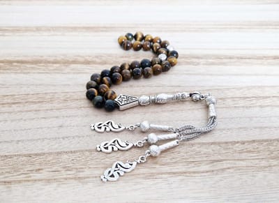 Handgemaakte tesbih "tasbih" natuursteen "Tijgeroog" - Aantal kralen 33 - Diameter kralen 8 MM - met metaal tassel "model 11" - Een mooi cadeau-idee