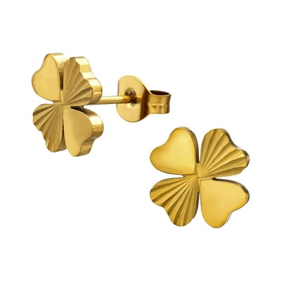 Goud kleurige stainless steel klavertje vier met textuur dames oorbellen | chirurgisch staal | hypoallergeen | Zilverana | RVS