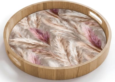 Dienblad rond 40x40 cm - Schootdienblad hout - Pampasgras - Pluizig - Kleurrijk - Borrelplank rechthoek - Plateau houten dienbladen