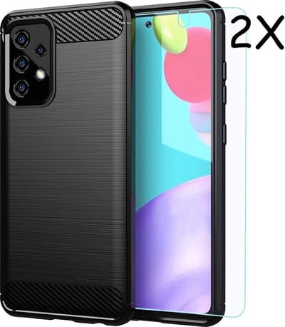 Hoesje Geschikt Voor Samsung Galaxy A52 Hoesje Geborsteld TPU siliconen Back Cover Zwart - Galaxy A52 Screenprotector 2 pack