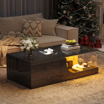 Salontafel - 100 x 50 x 30 cm - Met 2 Laden en LED - MDF en Gehard Glas - Zwart