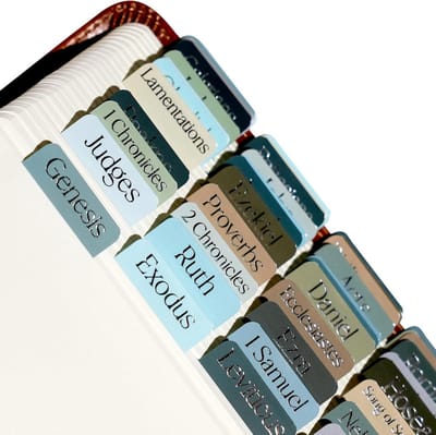 90 Bijbelindex Bladwijzers - Oude & Nieuwe Testament + Apocriefboeken - Zilver Foil 'Courage' Design - Glanzend Gelamineerd - Afgeronde Uiteinden