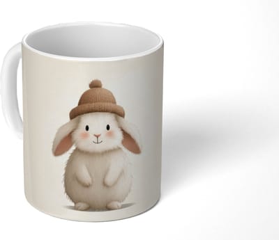 Mok - Koffiemok - Konijn - Muts - Oren - Beige - Mokken - 350 ML - Beker - Koffiemokken - Theemok