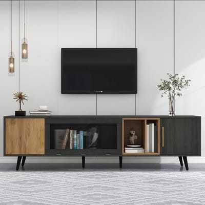 TV Meubel - 200x40x55,5 cm - Voor 90 Inch TV - Elegante Houtnerf - Donker Hout en Grijs