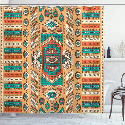 ABAKUHAUS Azteekse douchegordijn – Abrikoos & Turkoois – 175 x 180 cm