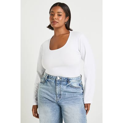 boohoo Dames Plus Basic Top met vierkante hals en lange mouwen | Wit | Maat: 44