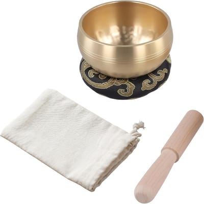 Kleine handgehamerde klankschaal van messing, 8 cm, met houten staaf en zwart kussen voor meditatie, ontspanning en stressvermindering