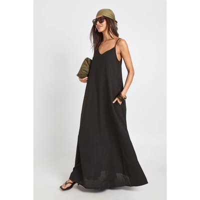 boohoo Dames Linnen Zakdoek Zoom Maxi Jurk | Zwart | Maat: 36
