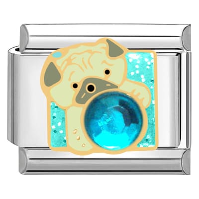 Quiges - Schakel - Bedel - 9mm - charms - Hond met Blub Steen - Geschikt voor - armband - Schakelarmband - italy bedels armband