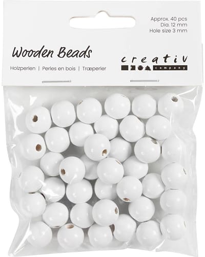 Houten Kralen, d 12 mm, gatgrootte 3 mm, ca. 40 stuk, wit, 22 gr/ 1 doos
