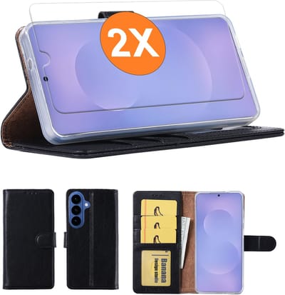 Hoesje geschikt voor Samsung Galaxy S26 Plus 5G hoesje Zwart pasjeshouder telefoon hoes - Met screenprotector tempered glass voor Galaxy S26 Plus 5G - 2x