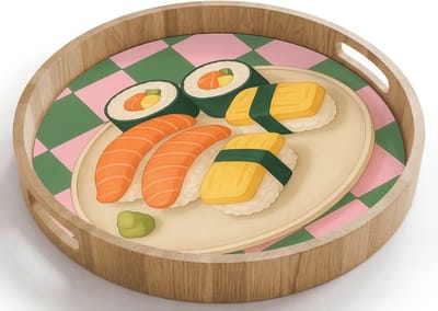 Dienblad rond 40x40 cm - Schootdienblad hout - Sushi - Bord - Geblokt - Groen - Borrelplank rechthoek - Plateau houten dienbladen