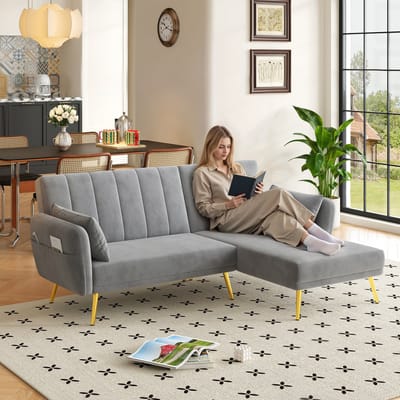 MODENUIT Hoekbank 191,5 x 130,5 cm - Verstelbare Rugleuning en Slaapfunctie - Woonkamer - Fluweel Grijs