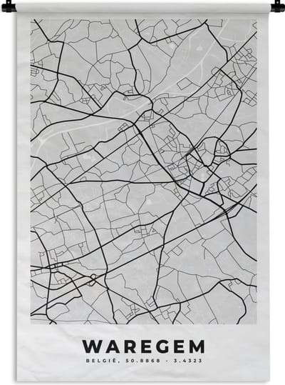 Wandkleed - Wanddoek - België – Waregem – Stadskaart – Kaart – Zwart Wit – Plattegrond - 120x180 cm - Wandtapijt