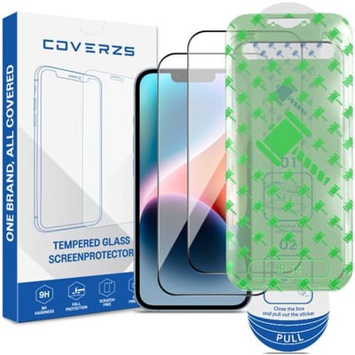 Coverzs Tempered Glass Screenprotector met frame (2-pack) geschikt voor iPhone 14 – Gehard Glas – Beschermfolie met Montageframe – Krasbestendige Schermbescherming