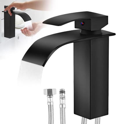 Zwarte Mat Waterfall Kraan voor Badkamer met Vingerafdrukbescherming, Enkelvoudige Mengkraan en 60 cm RVS Slang, DVGW Goedgekeurd voor Perfecte Badkamerervaring
