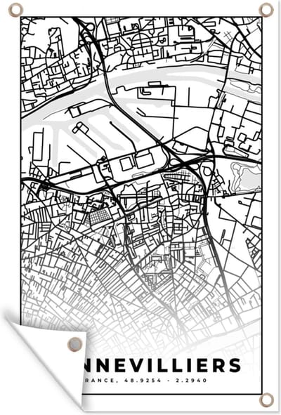 Muurdecoratie Stadskaart - Frankrijk - Kaart - Plattegrond - Gennevilliers - Zwart wit - 120x180 cm - Tuinposter - Tuindoek