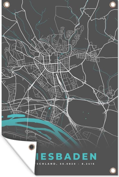 Muurdecoratie Stadskaart – Plattegrond – Duitsland – Blauw – Wiesbaden – Kaart - 120x180 cm - Tuinposter - Tuindoek
