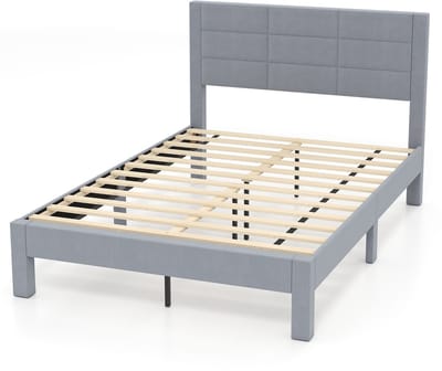COSTWAY Bedframe voor matras van 200 x 140 cm, fluwelen stof, gevoerd tweepersoonsbedframe, platformbed met hoofdeinde, houten lattenondersteuning, verstelbare voetkussens, grijs (model kruisvorm, M)