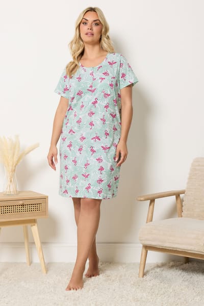 Yours Groene Nachtjapon Met Flamingoprint En Knoopsluiting Size 40-42