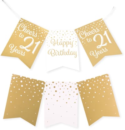 Q2P - 21 Jaar Versiering - Slingers - Verjaardag Versiering - Decoratie - Wit & Goud - Vlaggenlijn - 1 Stuk