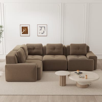 DESMIU Hoekbank 382 x 104 x 69 cm - Modulaire 4 Zits Bank Zonder Montage Met Brede Armleuningen - Voor Woonkamer En Kantoor - Corduroy Bruin