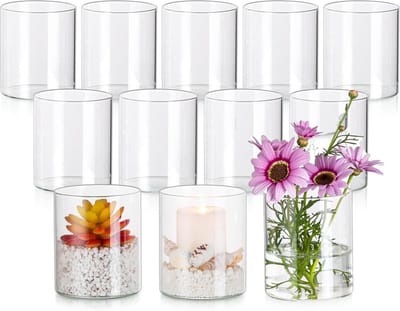 Dailygoods- Glazen Vaas - 12 Stuks - 10 cm Hoog - Cilinder - Tafeldecoratie - Transparant - Ideaal voor Bloemen en Droogbloemen - Bloemenvaas