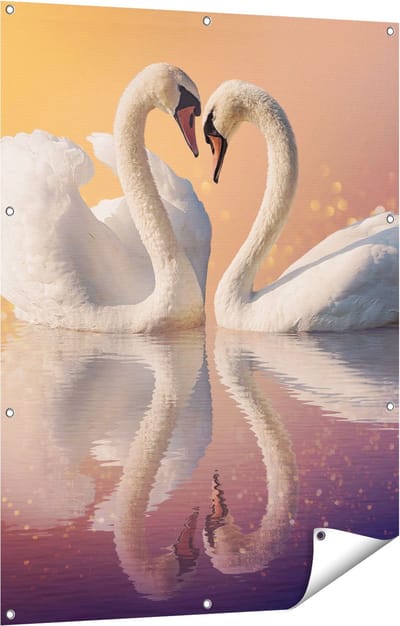 Gards Tuinposter Zwanen Koppel in een Hart Vorm - 90x120 cm - Tuindoek - Tuindecoratie - Wanddecoratie buiten - Tuinschilderij
