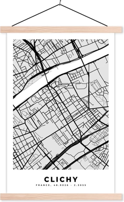 Posterhanger incl. Poster 40x60 cm - Schoolplaat - Stadskaart - Frankrijk - Kaart - Clichy - Plattegrond - Textielposter - Blanke latten - Stadskaart