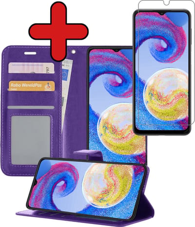 Hoesje - Met Screenprotector - Geschikt voor Samsung Galaxy A04s - Luxe Pasjeshouder - Flipcase - Bookcase Portemonee - Flip Case - Kunstleer Book Case - Book Cover - Walletcase - Portemonneehoes - Telefoonhoes - Paars