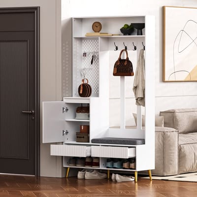 Kledingrek-set, wandrek, gangenkapstok-set met schoenenbankje, kapstok-set met 4 haken – twee lades en één deur – wit – 100 cm lang × 35 cm breed × 180 cm hoog