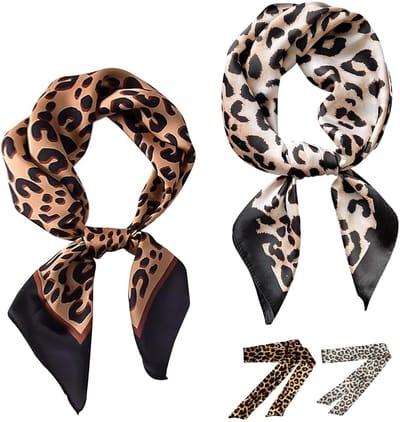 Dailygoods- Sjaals Set van 2 - Satijnen Sjaals 70 x 70 cm - Lange Damessjaals 4 x 90 cm - Luipaardprint - Hoofddoek/Neckscarf - Modieus Accessoire