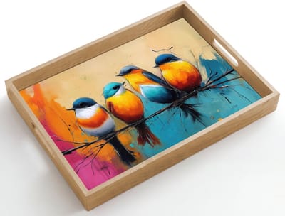 Dienblad hout 50x35 cm - Schootdienblad - Vogels - Kleurrijk - Tak - Abstract - Borrelplank rechthoek - Plateau dienbladen