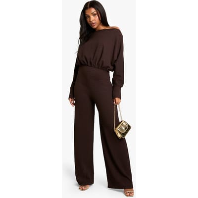 boohoo Dames Cold Shoulder Jumpsuit met Wijde Pijpen en Textuur | Bruin | Maat: 44