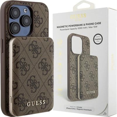Guess - 4G - Metal Logo hoesjeset voor iPhone - 15 - Pro - Max - + - 5000mAh - MagSafe - powerbank - bruin