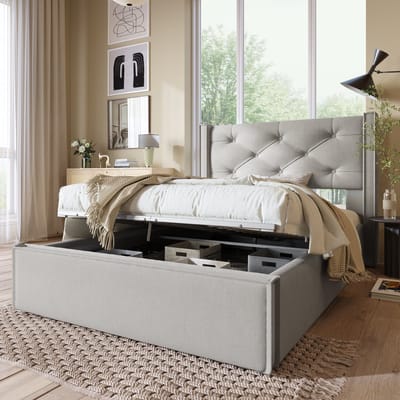 MEUNIQ eenpersoons gestoffeerd bed 90x200 cm met opbergruimte en opklapbare lattenbodem, metalen frame, gecapitonneerd hoofdbord voor slaapkamer, lichtgrijs