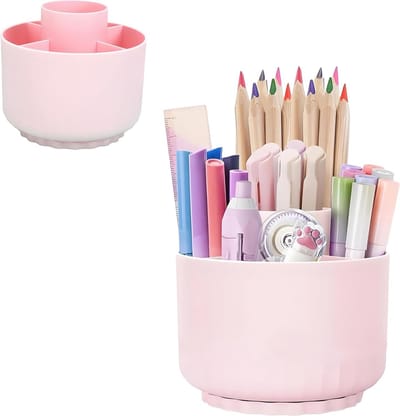Organizer voor Bureau met 5 Compartimenten, Draaibare Pennenhouder, Desk Holder voor Kantoor en School, 360 Graden Rotatie, Ideaal voor Pennen en Kantoorbenodigdheden (Roze)