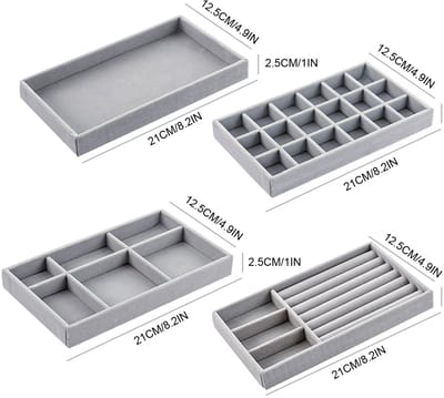 Sieradenorganizer, set van 4 stapelbar, Uitneembare vakjes, ideaal als sieradendisplay. Grijs, 212 x 125 x 25 mm