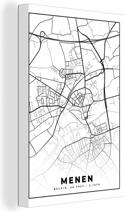 Canvas Schilderij België – Menen – Stadskaart – Kaart – Zwart Wit – Plattegrond - 20x30 cm - Wanddecoratie