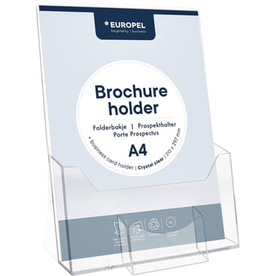 Europel Folderbakje – Flyers – A4 – 21 x 29,7 cm – Glasheldere presentatie – Beurzen en kantoren – Incl. visitekaartbakje